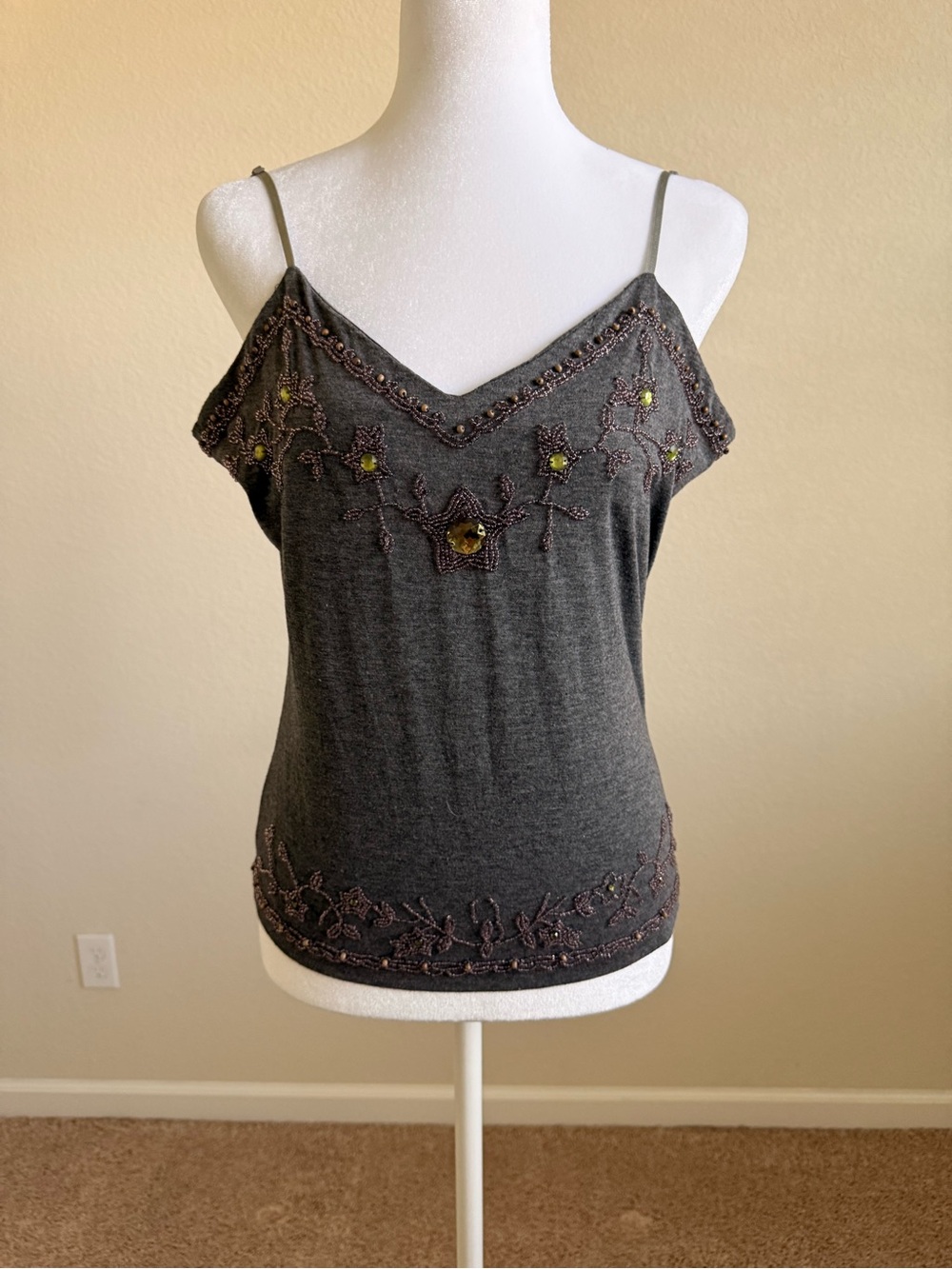 Lulumari Charcoal Gray Beaded V-Neck Spaghetti Strap Camisole Tank